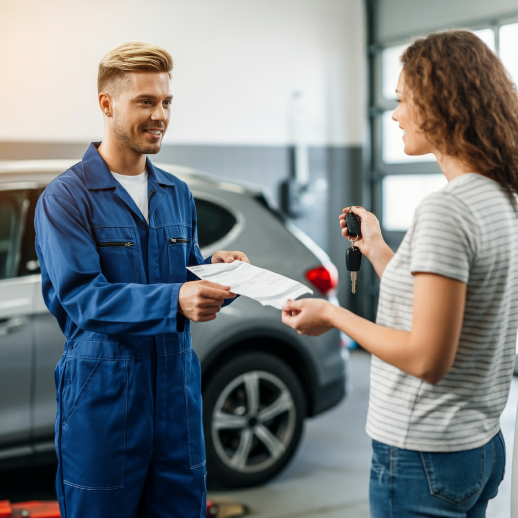 Woman collecting and paying for MOT at Doncaster MOT garage handed bill by mechanic