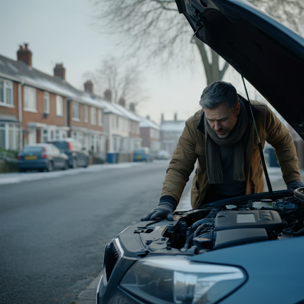 Winters morning in Doncaster man looking at car engine for MOT prep